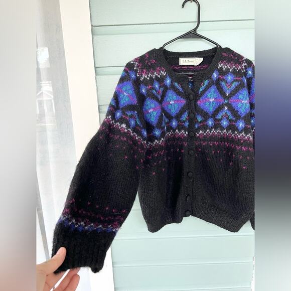 Vintage LL Bean mohair faire isle sweater 90s black fall winter holiday cardigan - Picture 2 of 8